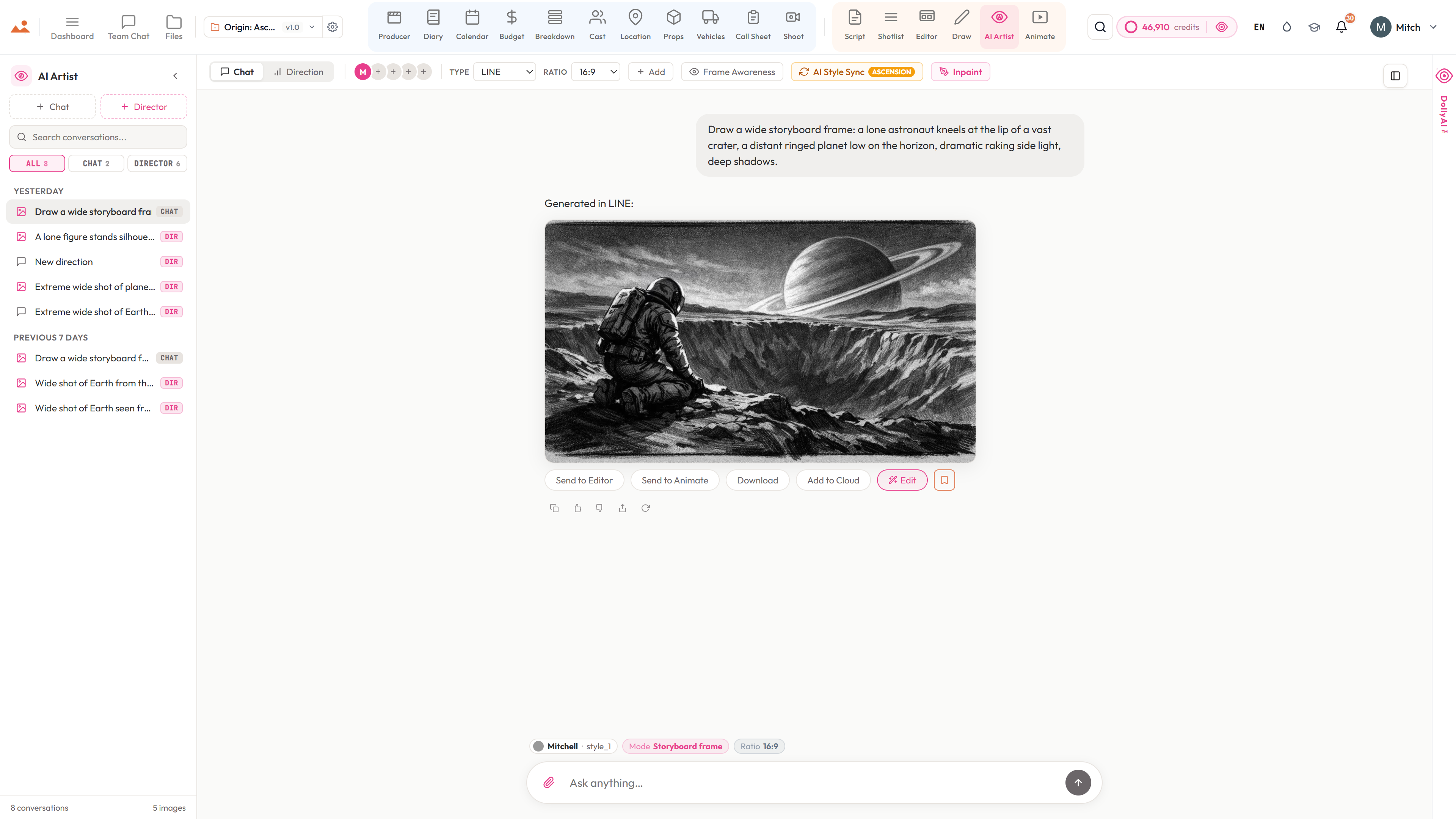 The AI Artist app in the free demo, generating an Origin: Ascension storyboard frame in the project's locked house style.