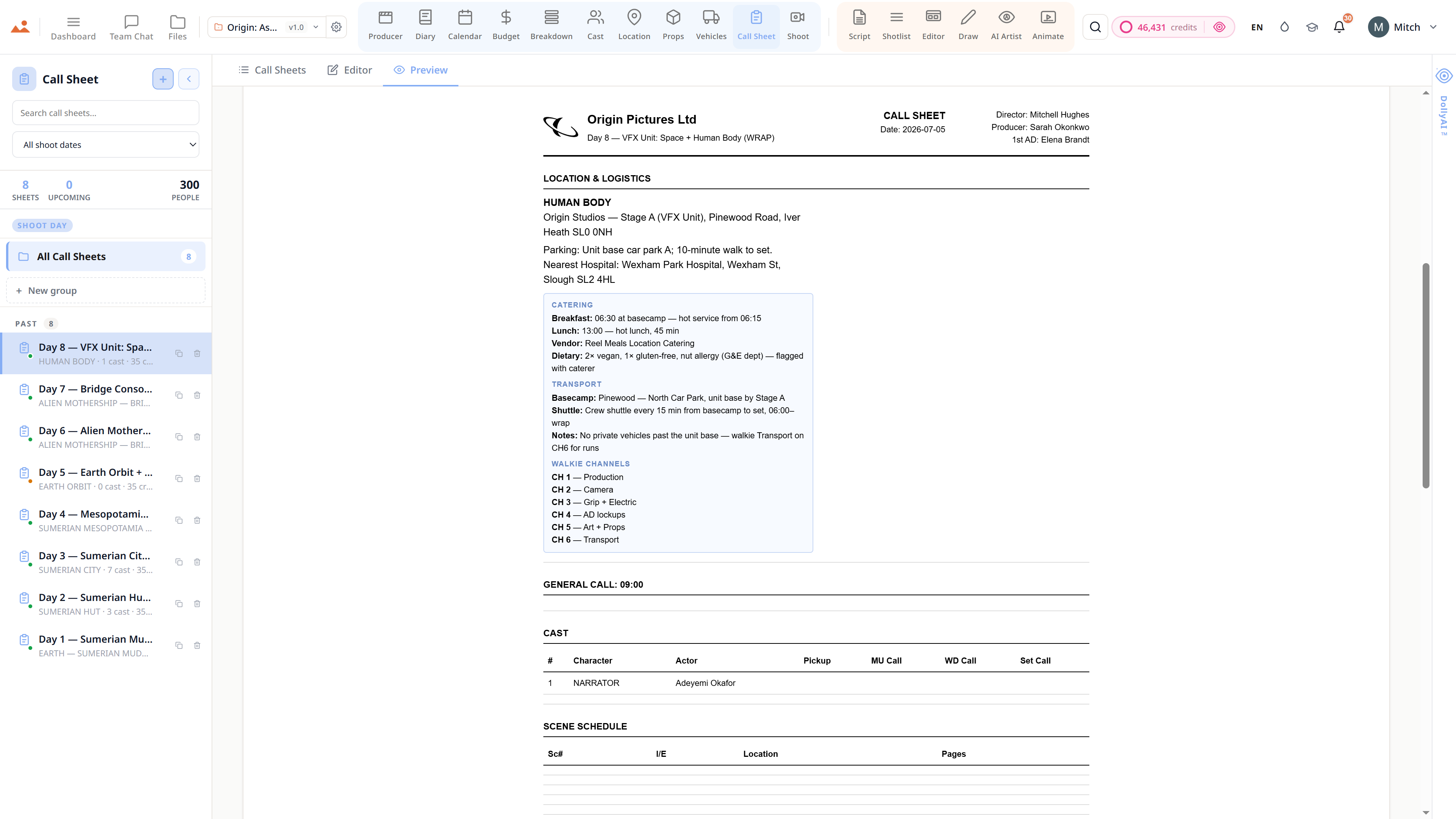 The Call Sheet app in the free demo, showing a finished Origin: Ascension shoot-day call sheet.